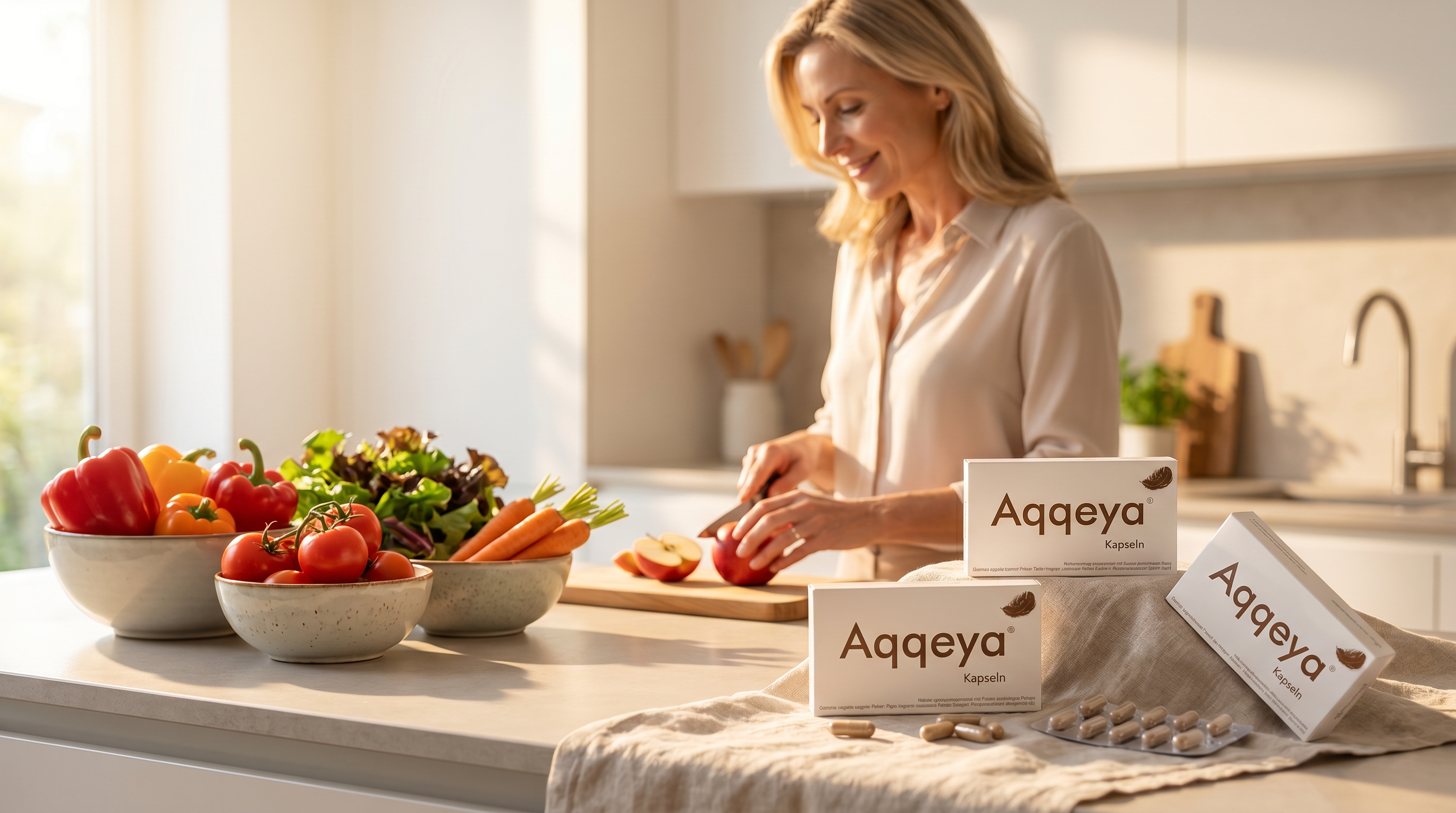 Elegante Frau schneidet in heller Küche einen Apfel, daneben frisches Gemüse und drei Packungen Aqqeya